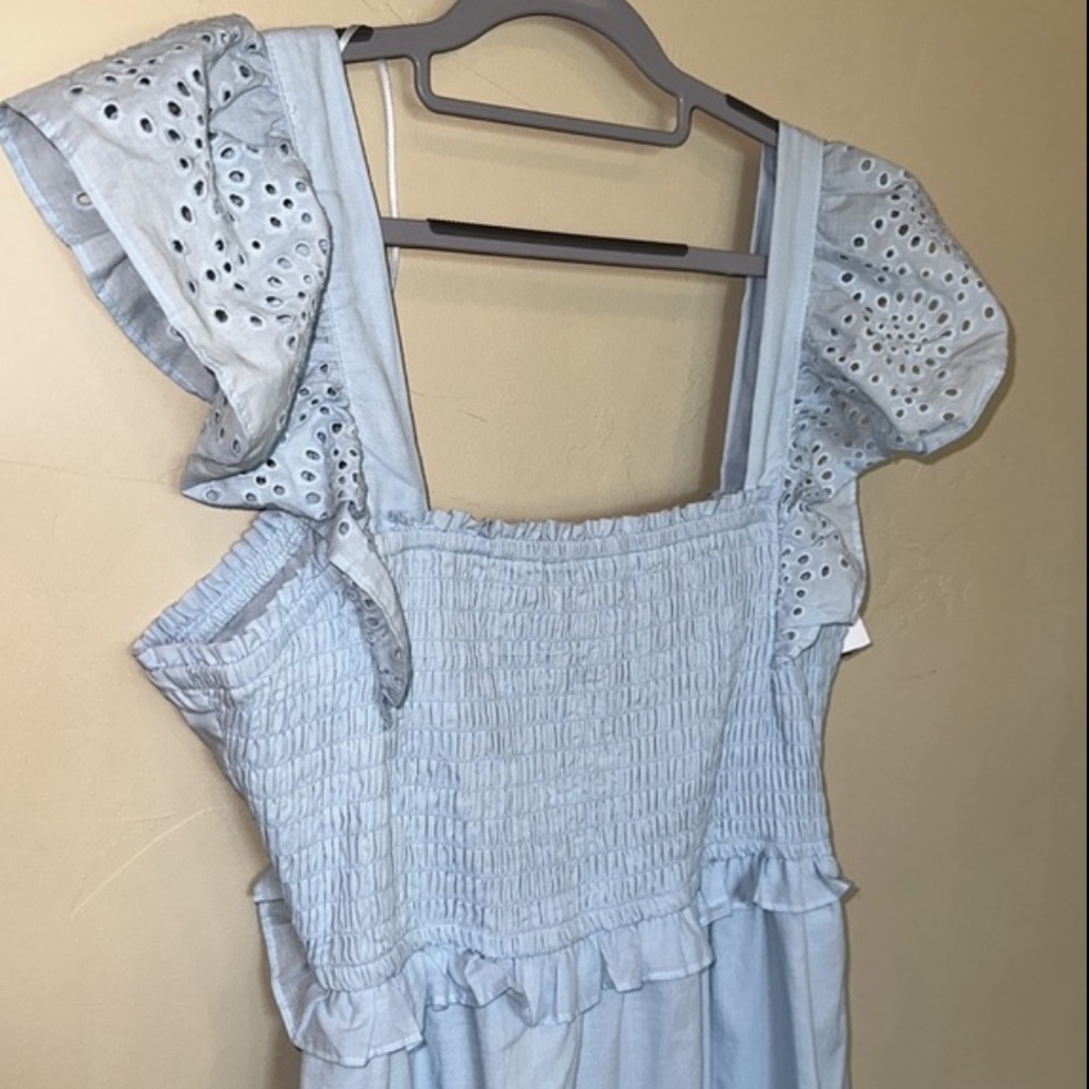 NWT Lauren Conrad dress blue tiered ruffle sleeve eyelet trim smocked dress Sz L - Picture 6 of 12